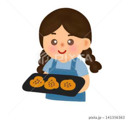 Cartoon illustration of a young girl baker holding a baking tray with fresh warm muffins or cookies isolated on white background 141356363