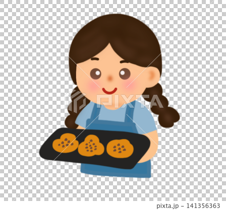 Cartoon illustration of a young girl baker holding a baking tray with fresh warm muffins or cookies isolated on white background 141356363