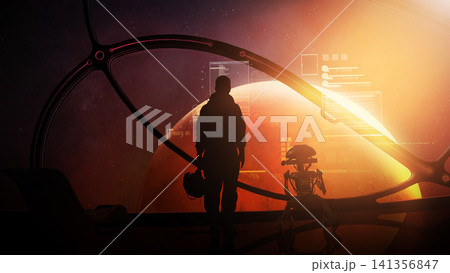 Astronaut Silhouette in Futuristic Spacecraft Over Mars Astronaut Silhouette in Futuristic Spacecraft Over Mars 141356847