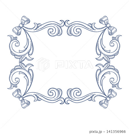 A frame with decorative blue baroque scrolls and bows. A vector, hand-drawn graphic illustration. A versatile element for designing covers, invitations, postcards, certificates, web pages, and more. A frame with decorative blue baroque scrolls and bows. A vector, hand-drawn graphic illustration. A versatile element for designing covers, invitations, postcards, certificates, web pages, and more. 141356966