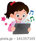 Happy Girl Listening to Music Tablet 141357105