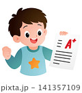Happy Boy Holding A Plus Grade Paper 141357109