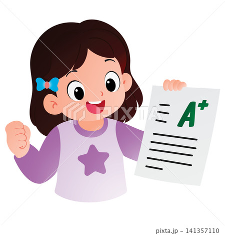 Happy Girl Holding A Plus Grade Paper Happy Girl Holding A Plus Grade Paper 141357110