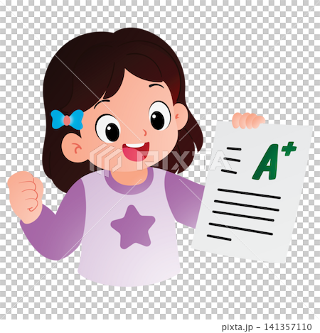 Happy Girl Holding A Plus Grade Paper Happy Girl Holding A Plus Grade Paper 141357110