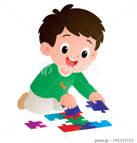 Smart Boy Solving Jigsaw Puzzle Smart Boy Solving Jigsaw Puzzle 141357113