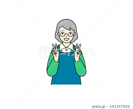 エプロン姿で正面を向いてダブルピースをするシニア女性のイラスト エプロン姿で正面を向いてダブルピースをするシニア女性のイラスト 141357420