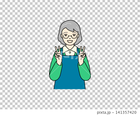 エプロン姿で正面を向いてダブルピースをするシニア女性のイラスト エプロン姿で正面を向いてダブルピースをするシニア女性のイラスト 141357420