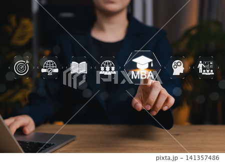 MBA program concept. Master of Business Administration. Businesswoman touching business learning icons, education, leadership, global management, online degree, skills, growth, academic success, 141357486