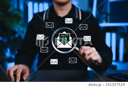 Email Verification and Security Concept. A magnifying glass focusing on a verified email icon with envelope symbols, secure email filtering, and validation. spam virus, phishing, fraud, scam mail, Email Verification and Security Concept. A magnifying glass focusing on a verified email icon with envelope symbols, secure email filtering, and validation. spam virus, phishing, fraud, scam mail, 141357529