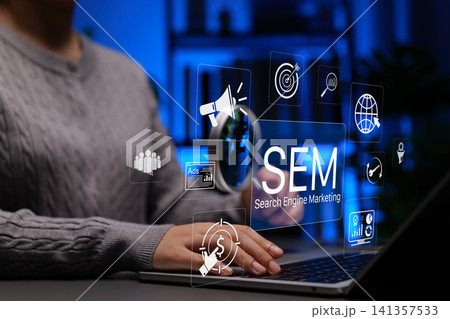 Search Engine Marketing (SEM) concept with person working on laptop and digital icons of ads, targeting, analytics, and keyword strategy, representing paid search and online advertising. seo marketing Search Engine Marketing (SEM) concept with person working on laptop and digital icons of ads, targeting, analytics, and keyword strategy, representing paid search and online advertising. seo marketing 141357533