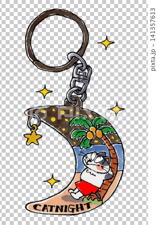 Cat keychain, night sky, beach, palm trees 141357613