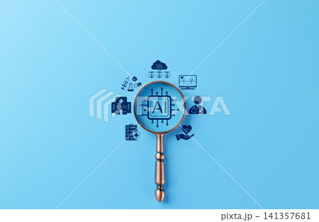 Artificial Intelligence in Healthcare and Medical Technology. A magnifying glass focuses an AI chip icon with healthcare symbols on blue background, representing use of AI in medical and diagnostics. Artificial Intelligence in Healthcare and Medical Technology. A magnifying glass focuses an AI chip icon with healthcare symbols on blue background, representing use of AI in medical and diagnostics. 141357681