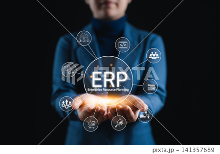 ERP Enterprise Resource Planning System Concept. Businessperson presenting ERP system icons representing core enterprise functions like finance, business operations, software, logistics, and HR. ERP Enterprise Resource Planning System Concept. Businessperson presenting ERP system icons representing core enterprise functions like finance, business operations, software, logistics, and HR. 141357689