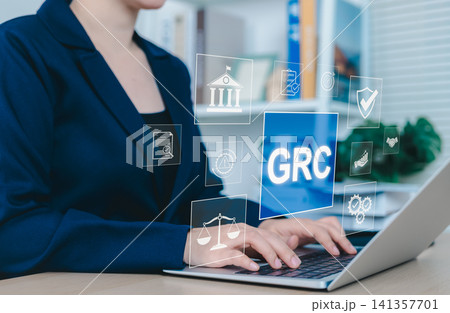 GRC Governance Risk Compliance Concept. Businesswoman with GRC governance, risk, compliance icons, organizational management, and regulatory practices. reduce non compliance risk, business ethics, GRC Governance Risk Compliance Concept. Businesswoman with GRC governance, risk, compliance icons, organizational management, and regulatory practices. reduce non compliance risk, business ethics, 141357701