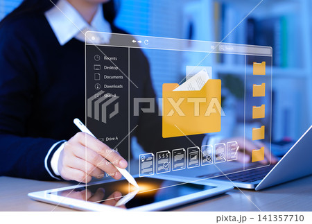 DMS, Document Management System Concept. Businesswoman interacts with digital document management interface on tablet, file organization, cloud storage, documentation, and workflow efficiency. 141357710