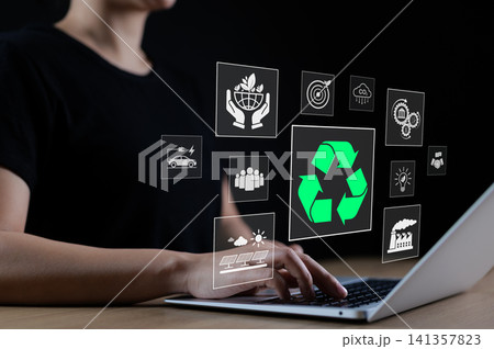 Sustainable development planning concept. A woman using a laptop with virtual icons related to recycling, renewable energy, and environmental protection. business sustainability investment strategy, Sustainable development planning concept. A woman using a laptop with virtual icons related to recycling, renewable energy, and environmental protection. business sustainability investment strategy, 141357823