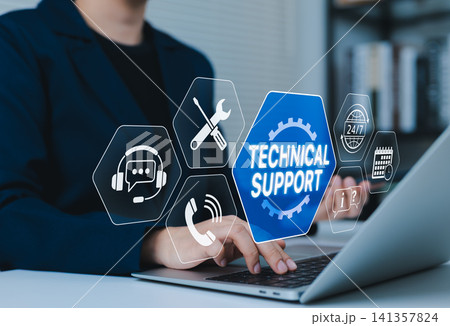Technical Support and Customer Service Concept. A professional using laptop with icons technical support, including tools, call center, 24 service, calendar schedule, customer communication assistance Technical Support and Customer Service Concept. A professional using laptop with icons technical support, including tools, call center, 24 service, calendar schedule, customer communication assistance 141357824