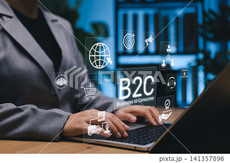B2C business model concept. Businesswoman using laptop with digital icons for online shopping, marketing, logistics, customer interaction, symbolizing e-commerce, consumer targeting, retail strategy B2C business model concept. Businesswoman using laptop with digital icons for online shopping, marketing, logistics, customer interaction, symbolizing e-commerce, consumer targeting, retail strategy 141357896