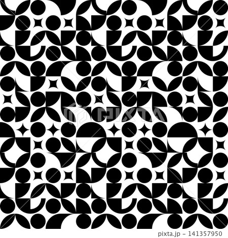 Modern Black and White Geometric Seamless Pattern with Mid Century Abstract Shapes 141357950
