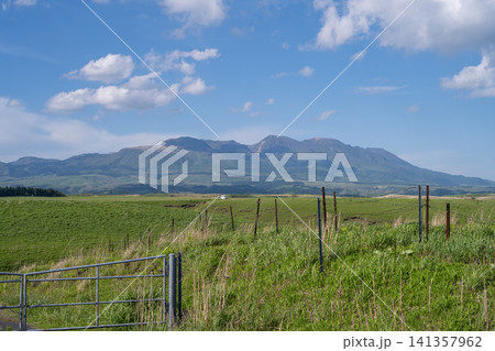 阿蘇ミルクロード沿いの広大な草原と九重連山，熊本県 141357962