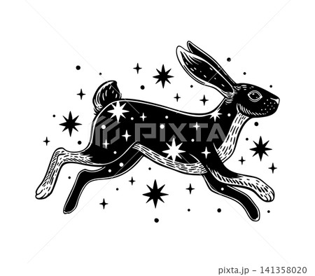 Leaping black rabbit with stars. Celestial hare tattoo design Leaping black rabbit with stars. Celestial hare tattoo design 141358020