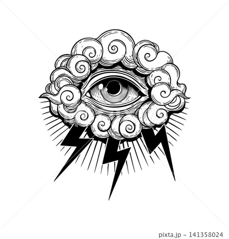 Eye in storm. Swirling clouds with lightning bolts. Eye in storm. Swirling clouds with lightning bolts. 141358024