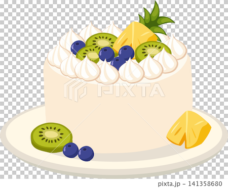Tropical fruit cream cake decorated with kiwi blueberries and pineapple Tropical fruit cream cake decorated with kiwi blueberries and pineapple 141358680