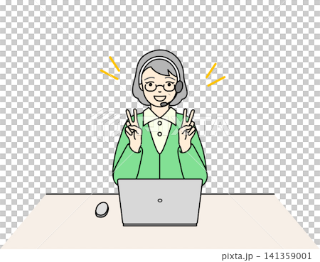 A senior woman wearing a headset and making a peace sign with both hands in front of her computer. A senior woman wearing a headset and making a peace sign with both hands in front of her computer. 141359001