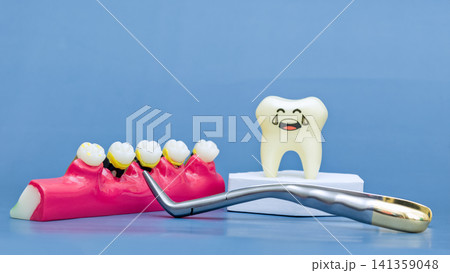 Sad crying cartoon tooth character with decay jaw model and extraction forceps. Concept of toothache and fear of the dentist. Sad crying cartoon tooth character with decay jaw model and extraction forceps. Concept of toothache and fear of the dentist. 141359048