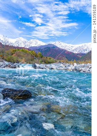 秋の白馬村・白馬大橋付近から見る紅葉した山々と冠雪した後立山連峰【長野県】 秋の白馬村・白馬大橋付近から見る紅葉した山々と冠雪した後立山連峰【長野県】 141359189