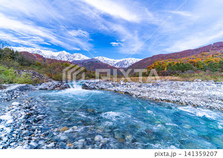 秋の白馬村・白馬大橋付近から見る紅葉した山々と冠雪した後立山連峰【長野県】 秋の白馬村・白馬大橋付近から見る紅葉した山々と冠雪した後立山連峰【長野県】 141359207