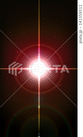 Abstract cosmic background featuring a bright red cross light beam,glowing sun flare and energy ring 141359311