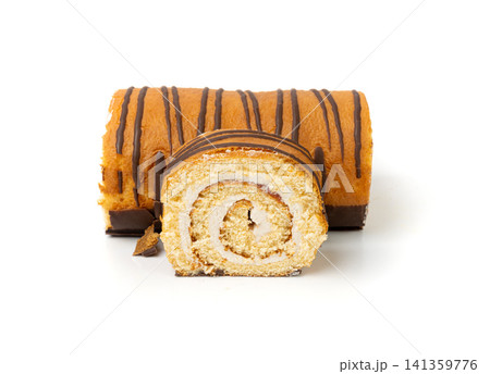 Swiss Roll, Round Sponge Cake Isolated, Sliced Rolled Vanilla Biscuit with Jam Filling 141359776