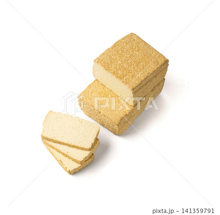 Tofu Cheese Isolated, Smoked Vegan Cheese Slice, Sliced Soya Bean Curd, Soy Protein or TSP 141359791