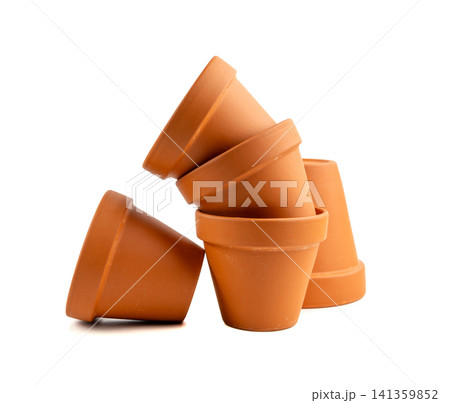 Empty terracotta flower pots, clay garden vase, brown ceramic plant container, garden pottery earthenware 141359852