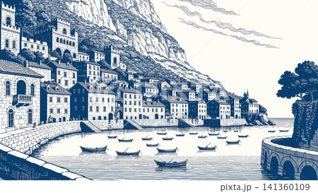 Illustrated Mediterranean Coastal Village vector background Illustrated Mediterranean Coastal Village vector background 141360109
