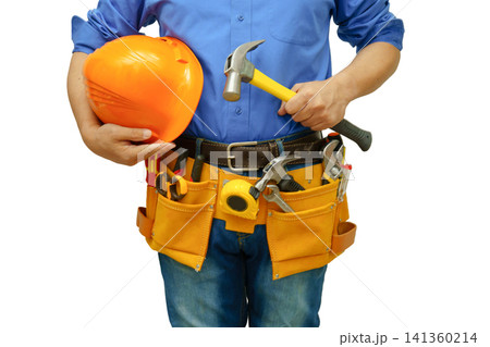 Male builder worker with tool belt pocket at waist. 141360214