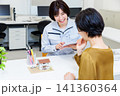 建築模型を見ながら打ち合わせする作業服の女性 建築模型を見ながら打ち合わせする作業服の女性 141360364
