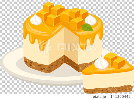 Mango cheesecake with fresh fruit cubes whipped cream and sliced portion Mango cheesecake with fresh fruit cubes whipped cream and sliced portion 141360443