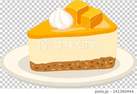 Mango cheesecake slice topped with mango cubes and whipped cream on a plate Mango cheesecake slice topped with mango cubes and whipped cream on a plate 141360444