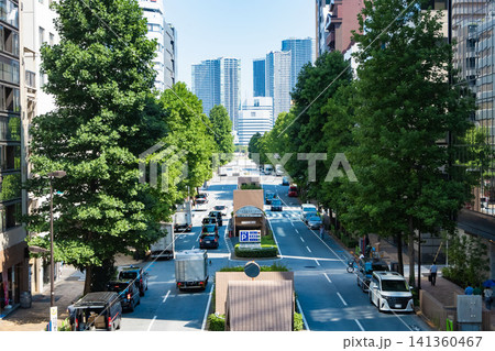 緑の街路樹が立ち並ぶ東京都心・中央市場通りの道路 緑の街路樹が立ち並ぶ東京都心・中央市場通りの道路 141360467