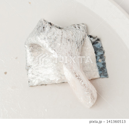 Salmon Skin Isolated, Asian Delicacy, Fish Skin Ready for Frying, Seafood Leftovers on White Background 141360513