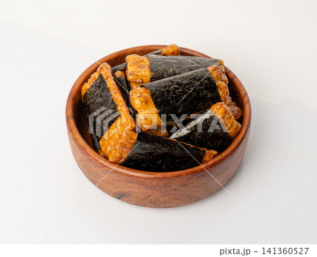 Senbei isolated, kaki no tane rice crackers, japanese crispy snack, sembei, okaki with wasabi, nori Senbei isolated, kaki no tane rice crackers, japanese crispy snack, sembei, okaki with wasabi, nori 141360527