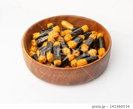 Senbei isolated, kaki no tane rice crackers, japanese crispy snack, sembei, okaki with wasabi, nori 141360534