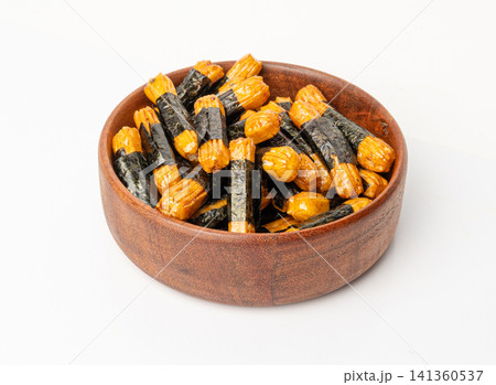 Senbei isolated, kaki no tane rice crackers, japanese crispy snack, sembei, okaki with wasabi, nori Senbei isolated, kaki no tane rice crackers, japanese crispy snack, sembei, okaki with wasabi, nori 141360537