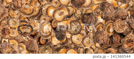 Dry Shiitake Mushrooms Pattern, Raw Shitake Pile, Healthy Organic Asian Fungi Dry Shiitake Mushrooms Pattern, Raw Shitake Pile, Healthy Organic Asian Fungi 141360544