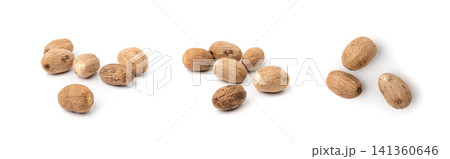 Nutmeg Isolated, Myristica Fragrans Fruit, Dry Spicy Nutmeg Powder, Grated Whole Muscat Nut, Nut Meg Nutmeg Isolated, Myristica Fragrans Fruit, Dry Spicy Nutmeg Powder, Grated Whole Muscat Nut, Nut Meg 141360646