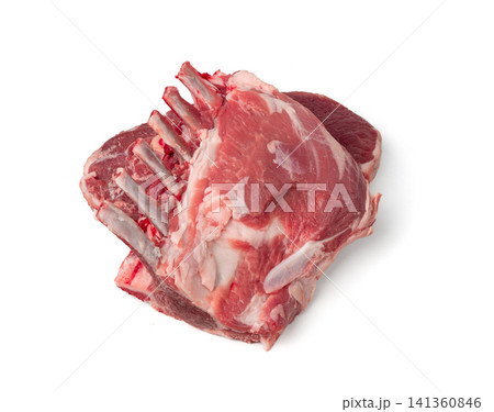 Raw lamb rack isolated, fresh mutton fillet with ribs, tenderloin pieces, mutton rump sirloin meat 141360846