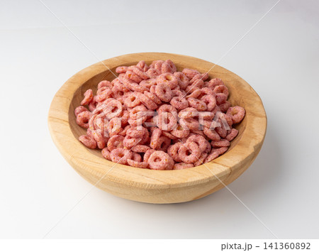 Pink Cereal Rings Isolated, Fruit Breakfast Rice Loops Pink Cereal Rings Isolated, Fruit Breakfast Rice Loops 141360892