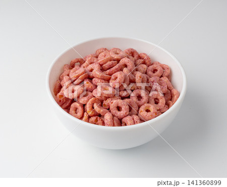 Pink Cereal Rings Isolated, Fruit Breakfast Rice Loops Pink Cereal Rings Isolated, Fruit Breakfast Rice Loops 141360899